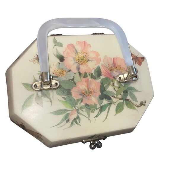 Margaret Dike Vintage Octagonal Box Cream Purse Garden Theme Signed - Picture 7 of 15